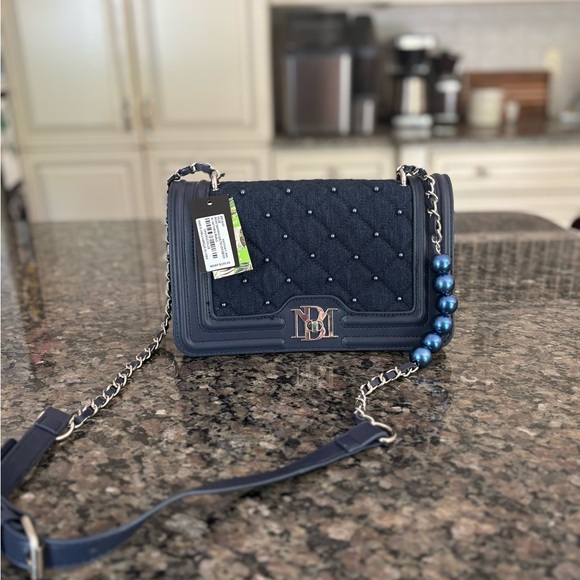 Badgley Mischka Handbags - Badgley Mischka Denim Diamond Quilted Crossbody with Pearls